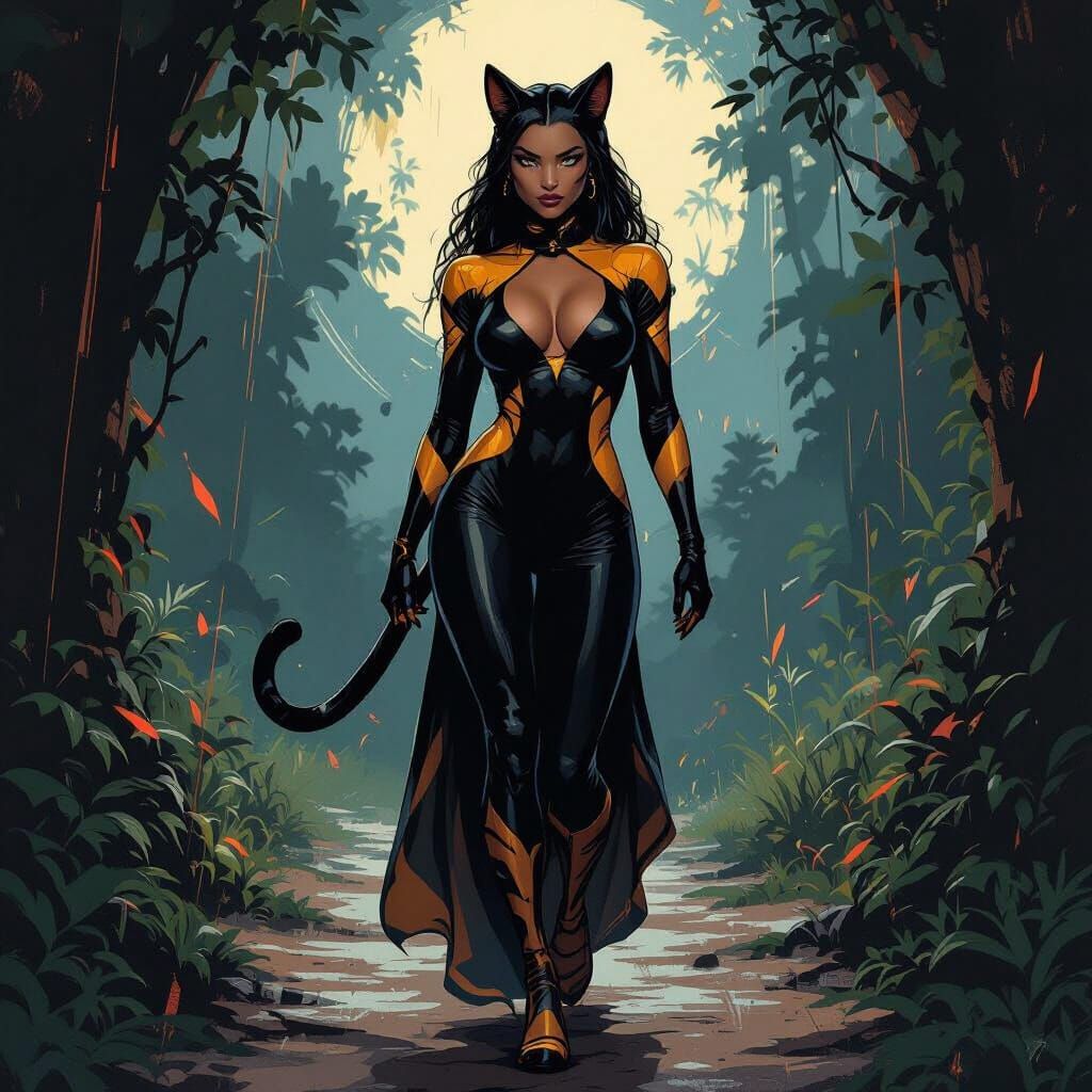 Athletic Black Woman as Cheetah in Stylized Catsuit