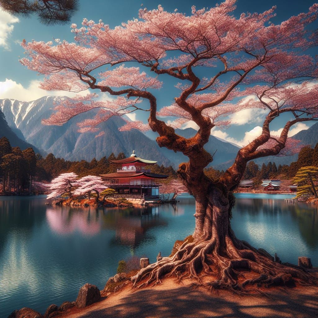Sakura Tree in Bloom Near Japanese Temples