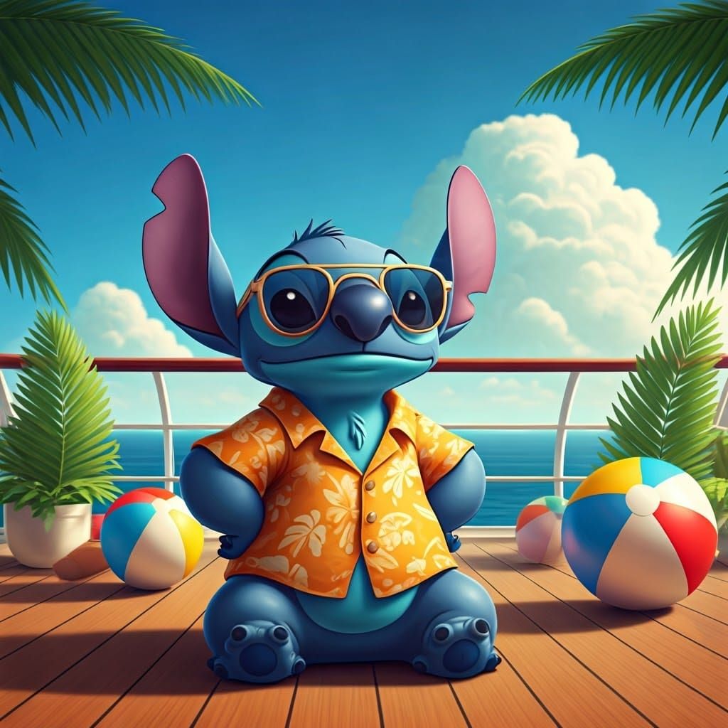 Stitch on Cruise Ship in 3D Anime Style