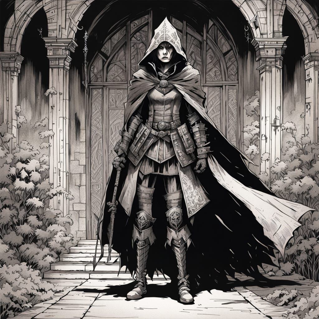 Black and White ink drawing , full body, a goth witch wearing heavy mechwarrior armor a tattered cape and pointy witch h...