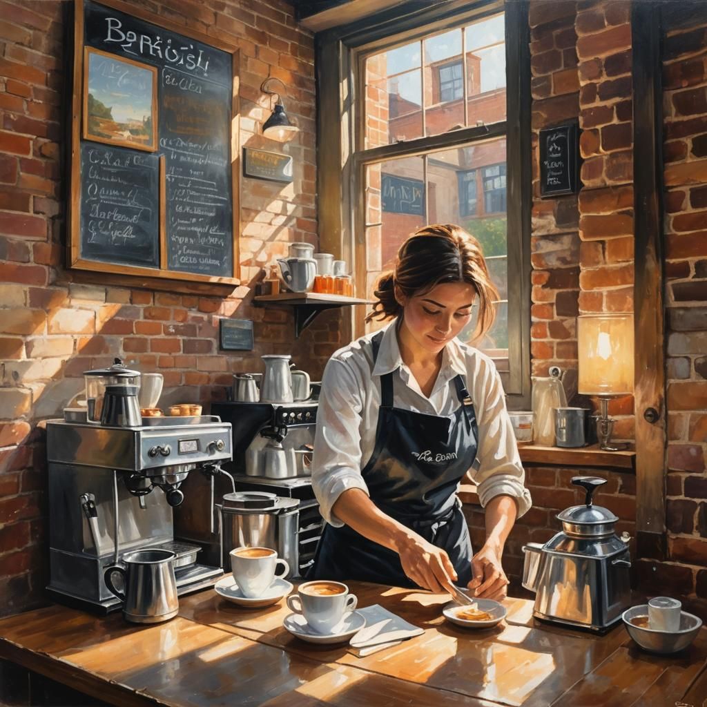 Impressionistic Barista in Sunlit Cafe Scene