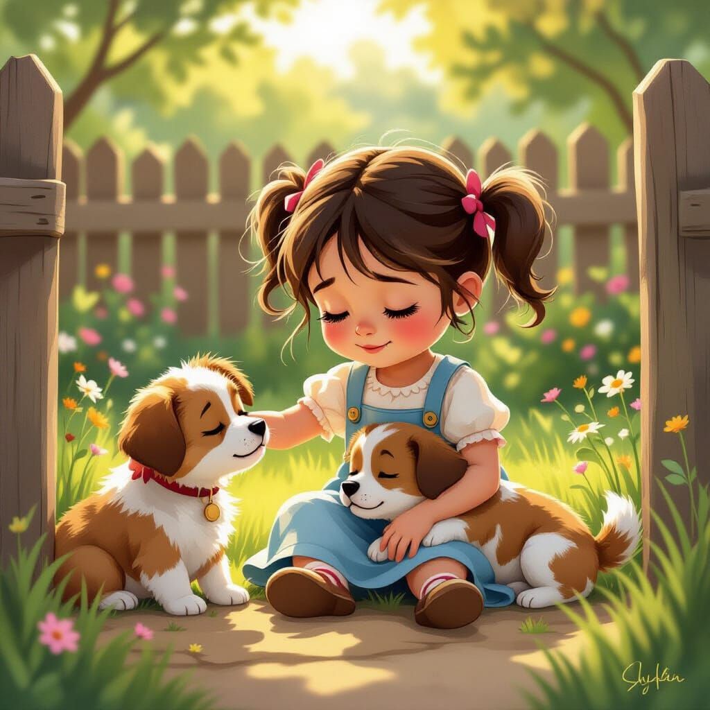 Girl Finds Comfort with Dogs in Backyard