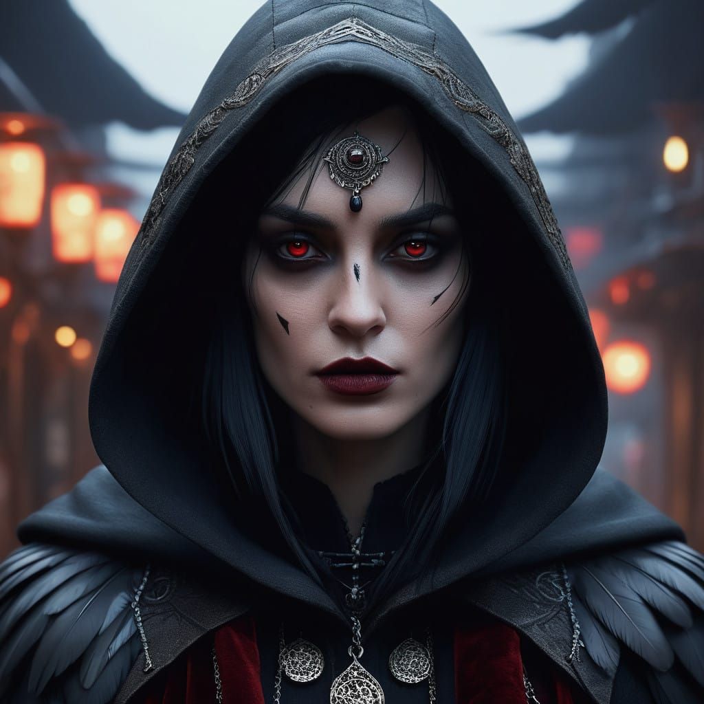 Mysterious Woman in Dark Velvet Cloak with Raven and Ornate....