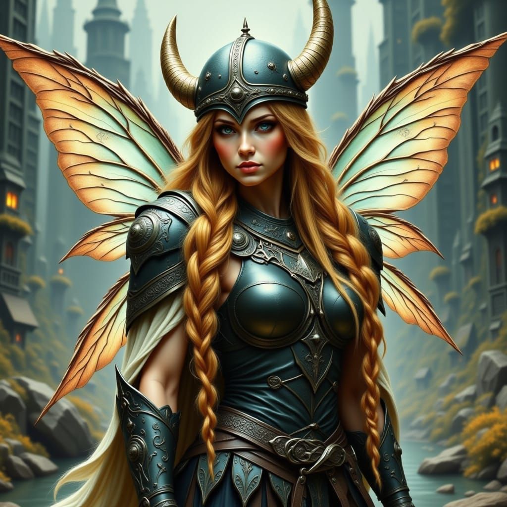 Viking Fairy in Whimsical Armor with Iridescent Wings