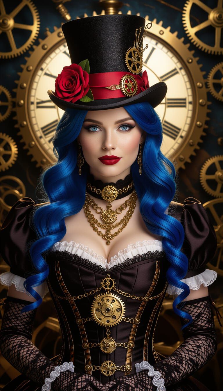 Steampunk Woman with Blue Hair and Clockwork Mechanism