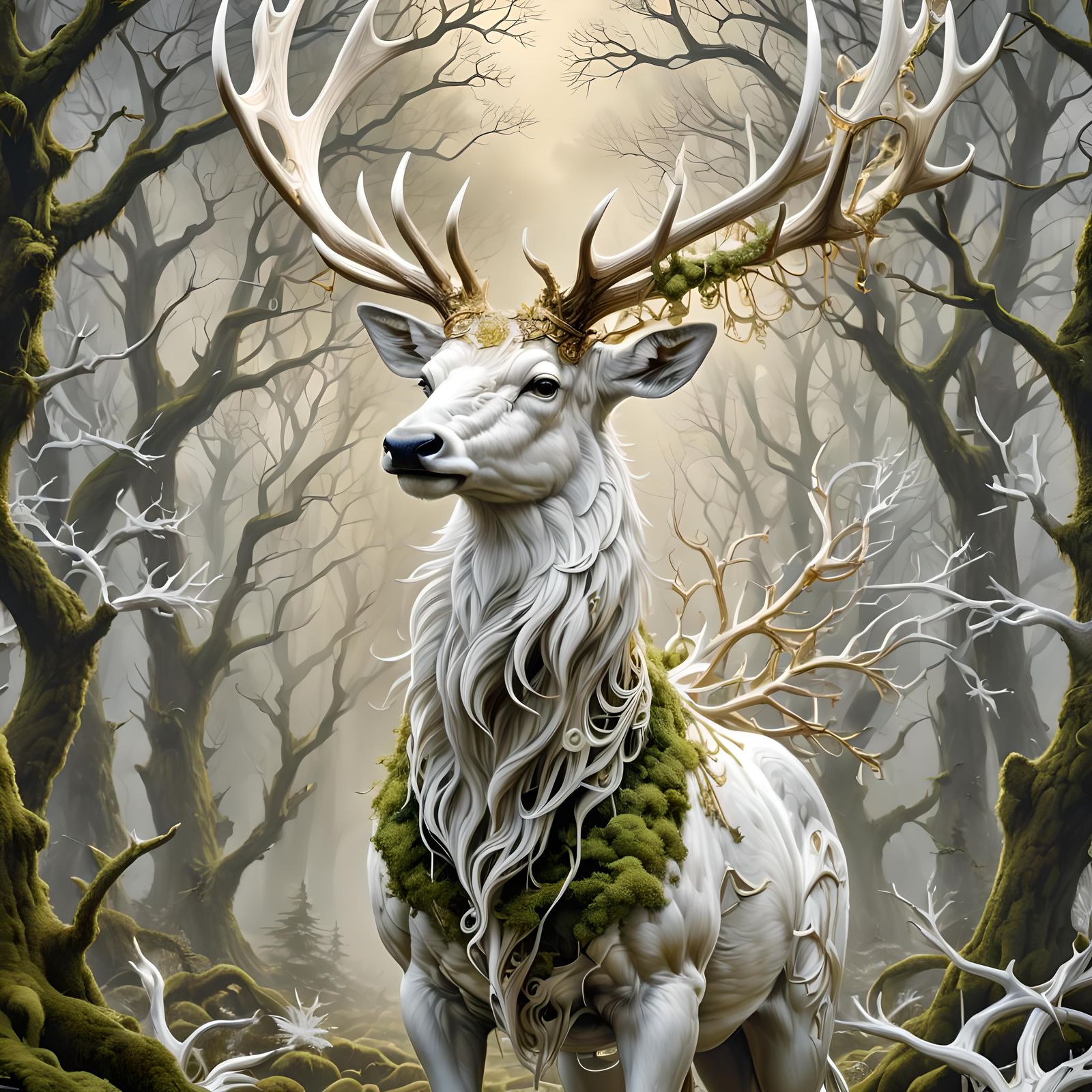 White Stag with Fractal Antlers in Surreal Forest