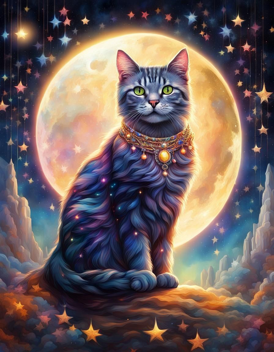 Prismatic Cat Under Jeweled Stars, Color Illustration