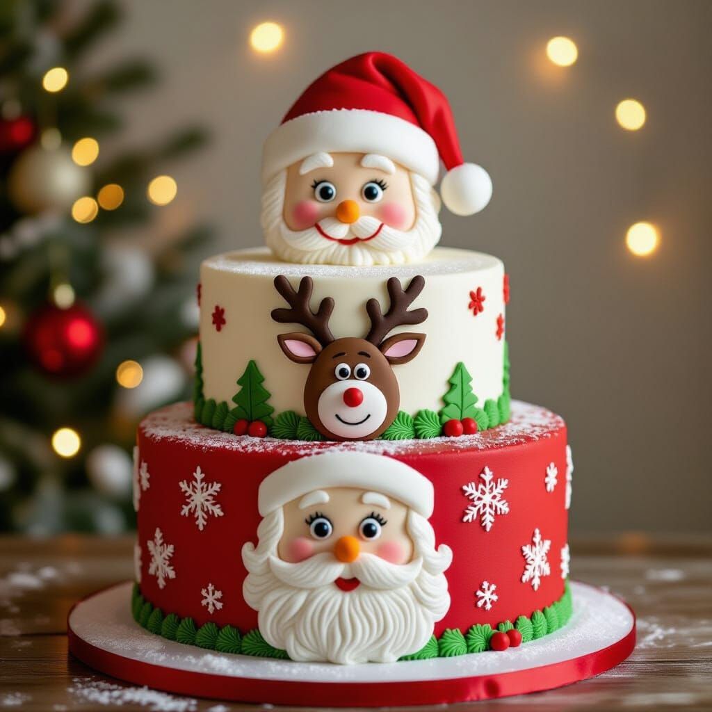 Festive Three-Tier Cake with Santa, Rudolph & Snowman Faces