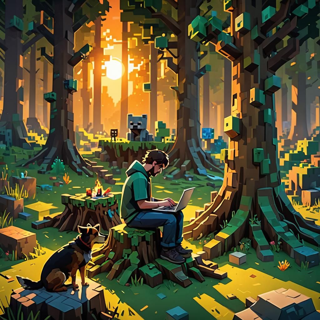Minecraft Gamer in Mystical Forest at Sunset