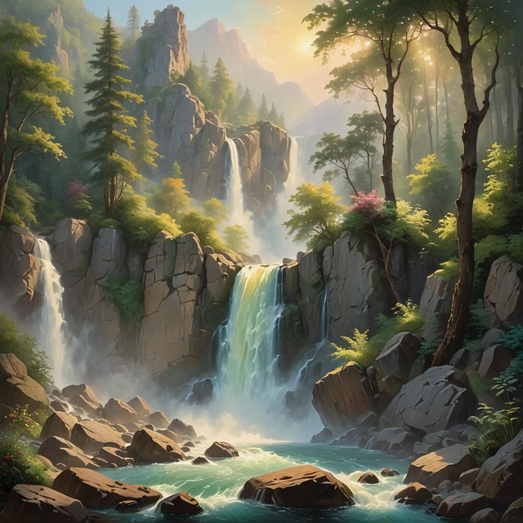 Majestic Waterfall Oil Painting in Summer Light