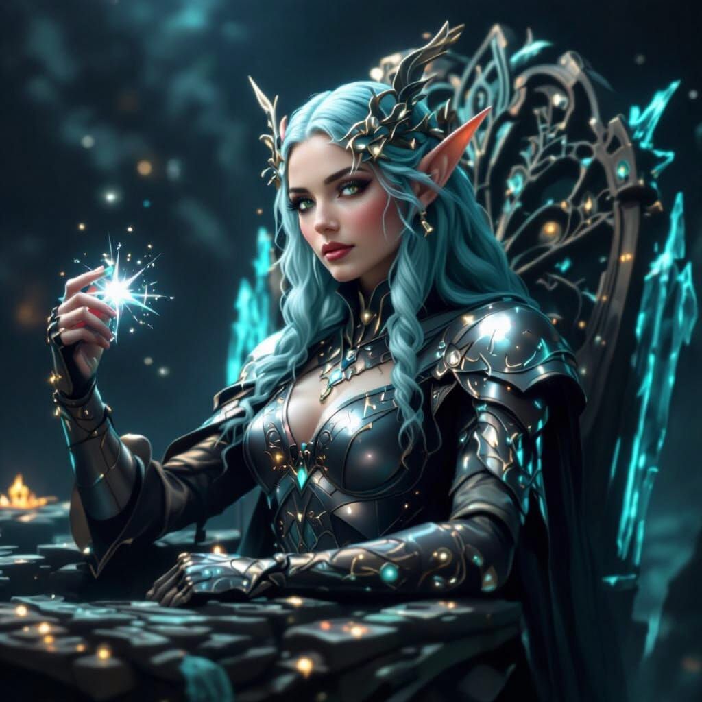Ethereal Elven Queen in Bioluminescent Starry Landscape