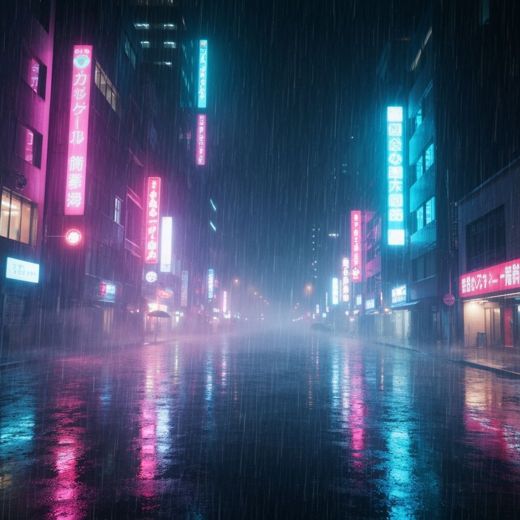 Neon Cityscape in Torrential Downpour - Anime Art Style