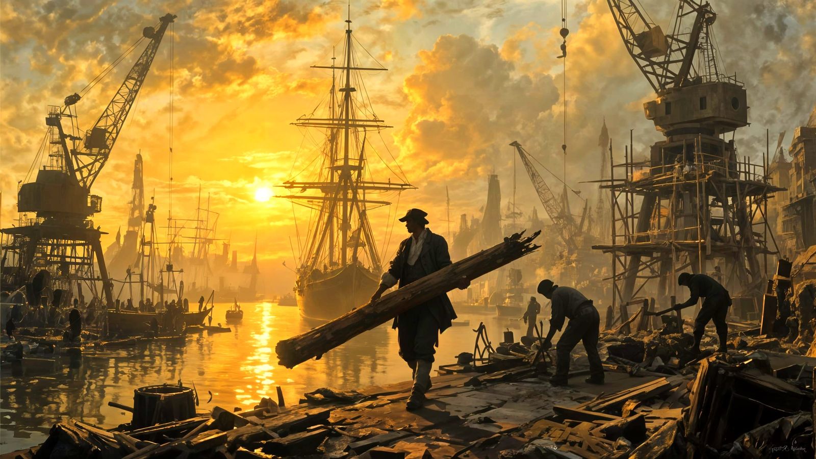 Epic 18th-Century Harbor at Golden Hour