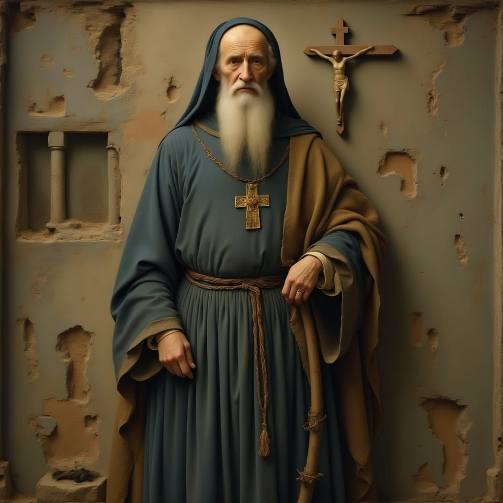 Elderly Saint Exudes Spiritual Devotion in Tattered Regalia