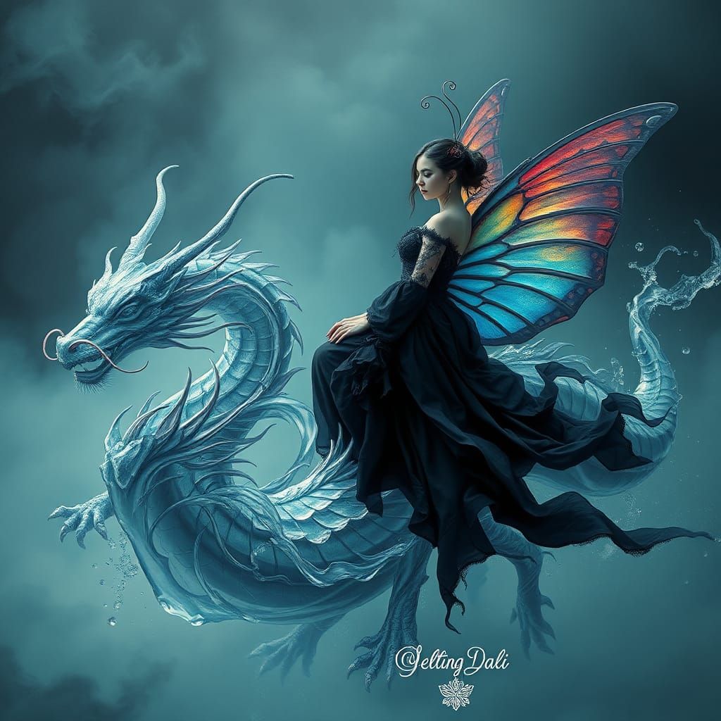 Gothic Butterfly Woman Rides Water Dragon in Surreal Dream
