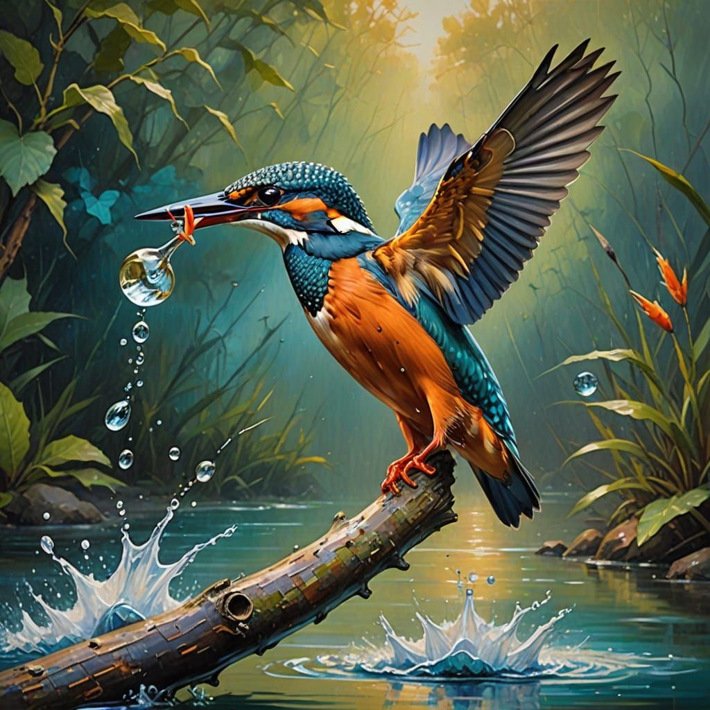 Kingfisher in Flight with Fish, Oil on Canvas Masterpiece