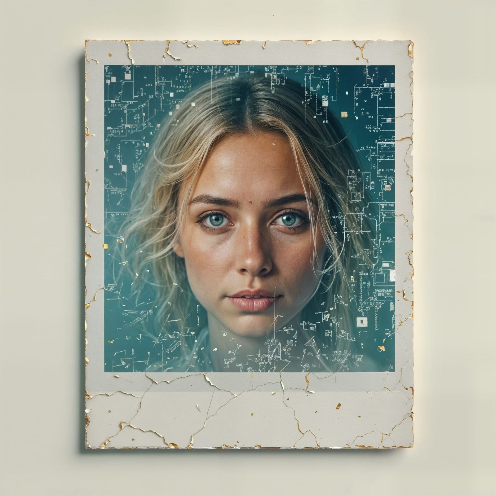 Damaged Polaroid Memory Fragment in Cyberpunk Style