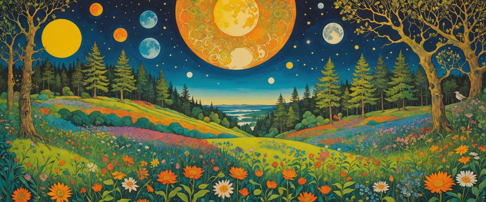 Psychedelic 1968 Moonrise Poster Art with Flowers and Mandal...