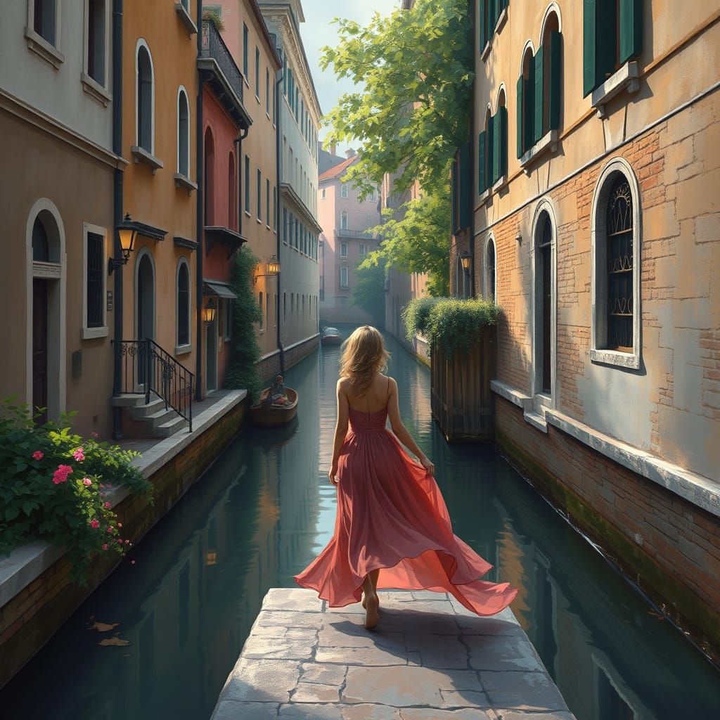 Canal Scene with Serene Woman: Digital Art