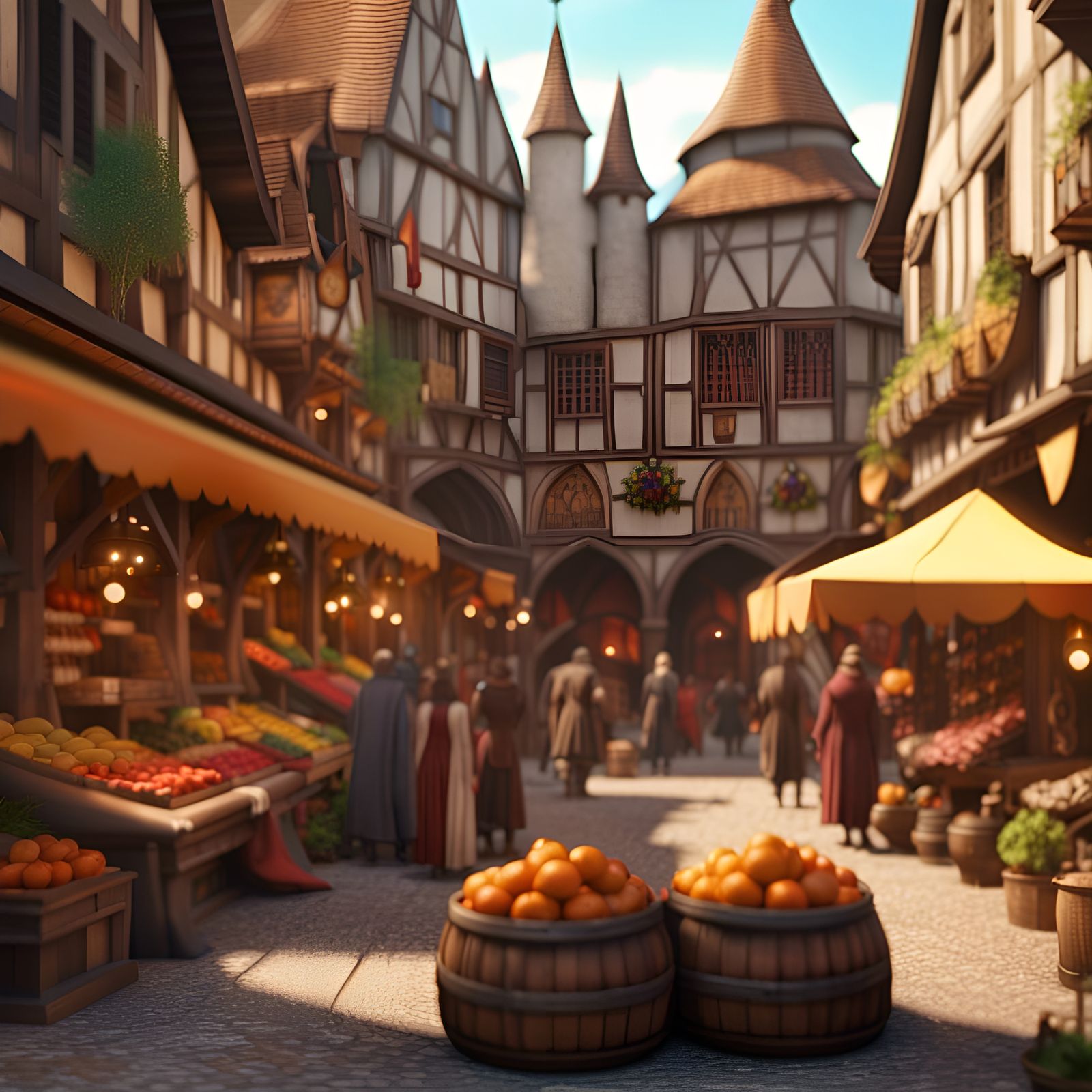 Vibrant Medieval Marketplace in Hyperdetailed 3D