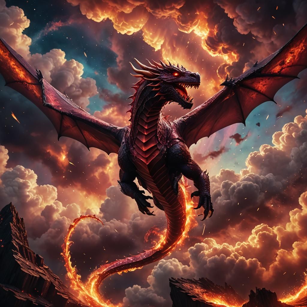 Ruby Dragon Soaring Through Neon Skies