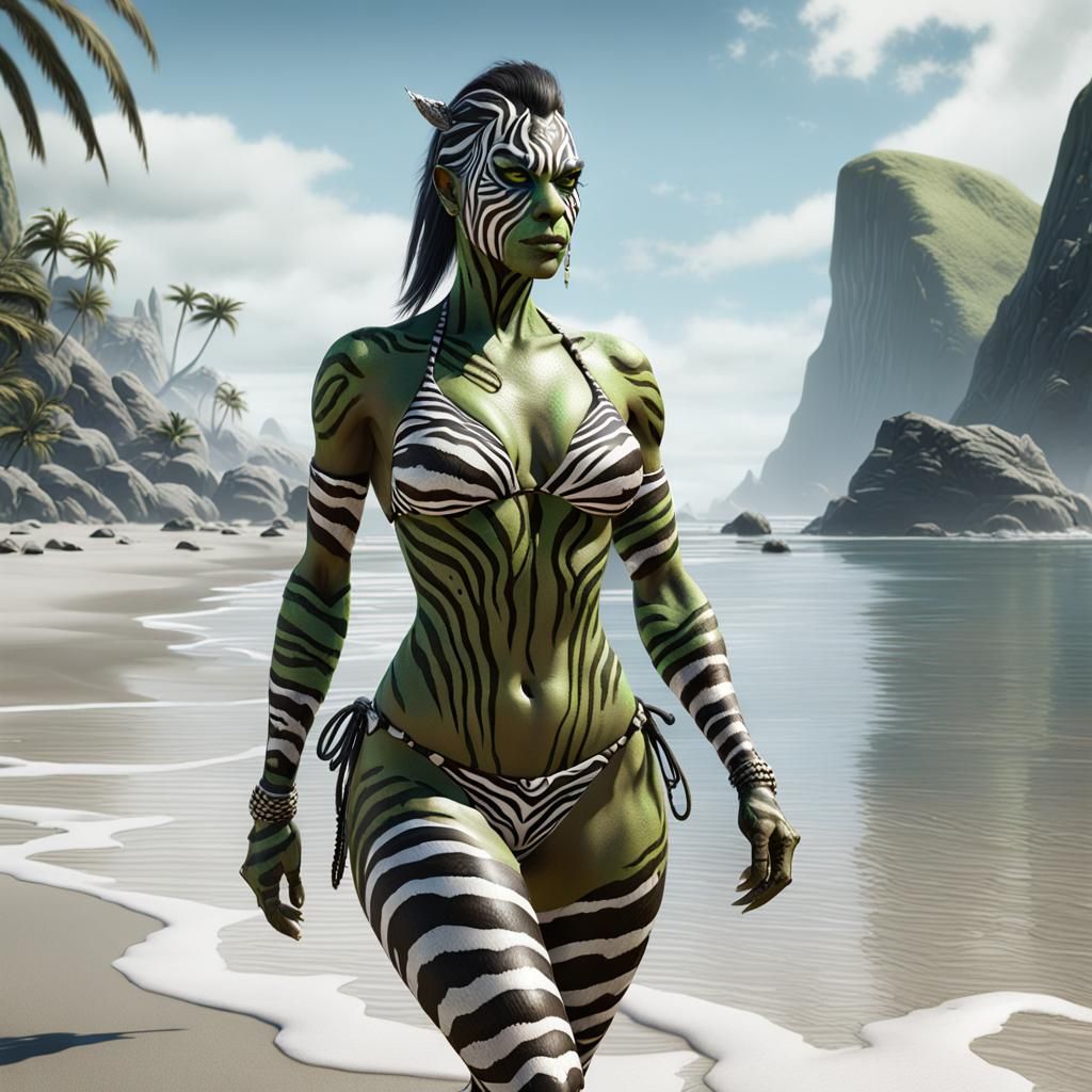 Orc Woman in Zebra Bikini on Beach