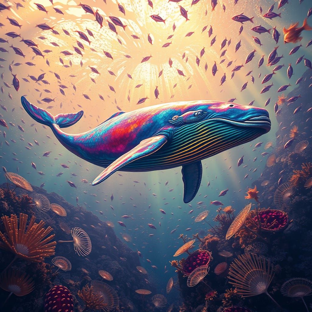 Whale in Kaleidoscopic Underwater Scene