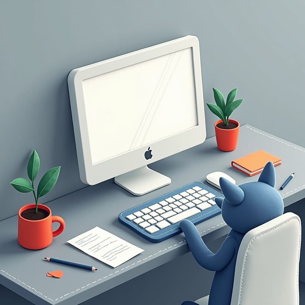 Felt Desk Setup for Feline Programmer in 2D Illustration