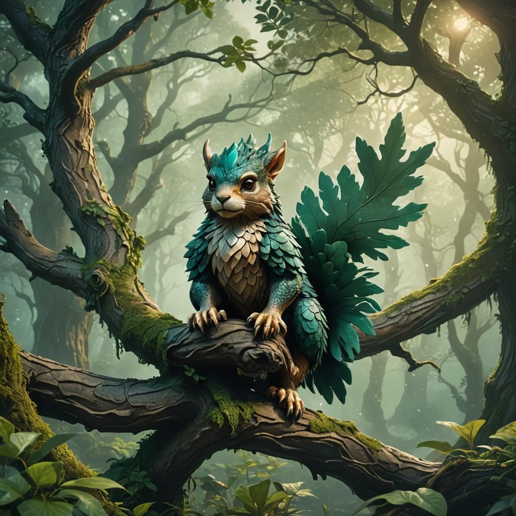 Cute Gryphon-Squirrel in Misty Forest Concept Art