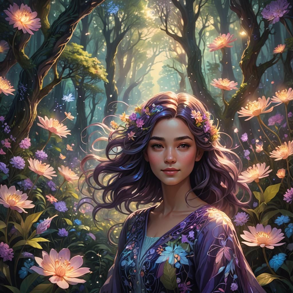 Ethereal Woman in Enchanted Forest Concept Art
