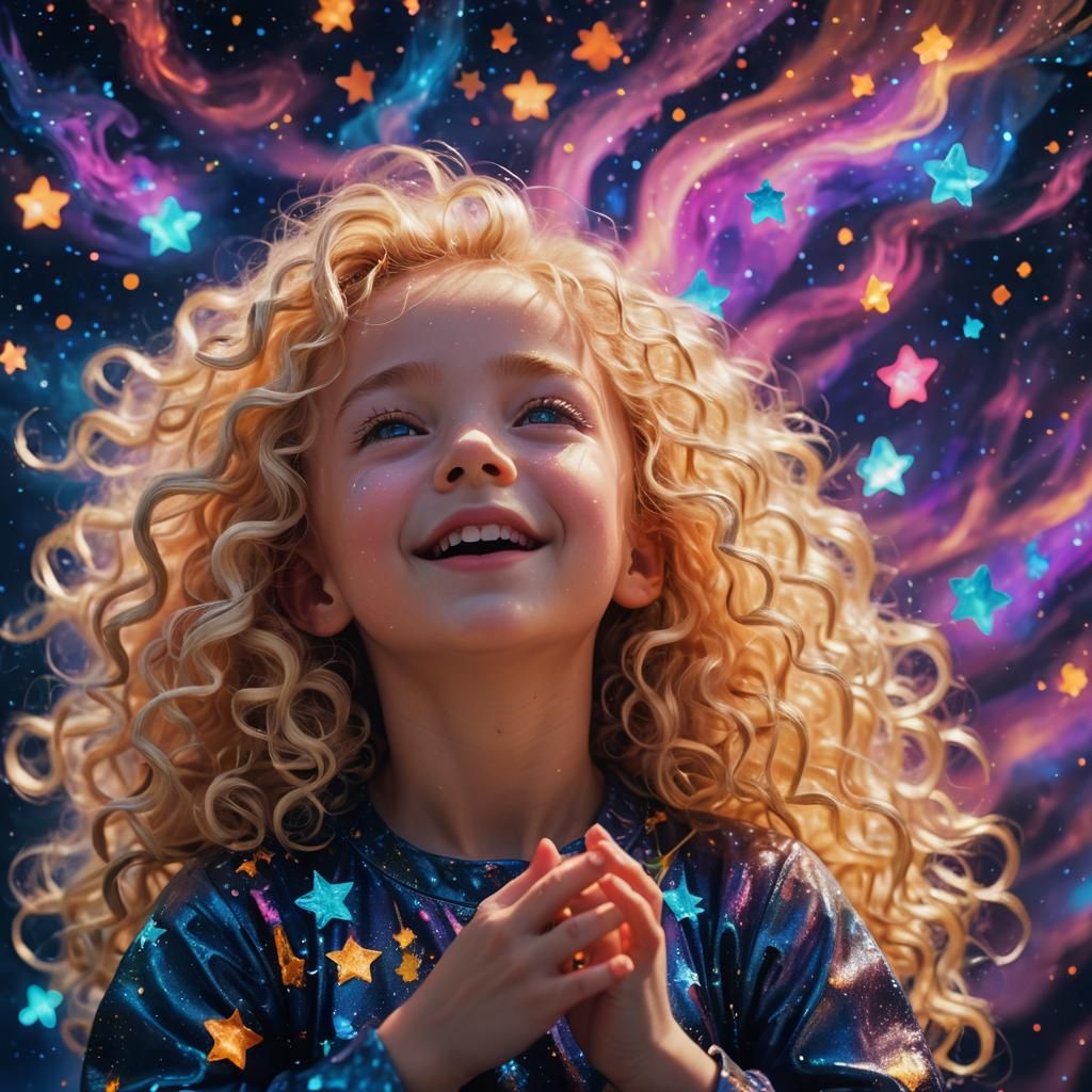 Giggling Child Portrait in Vibrant Neon Art Style