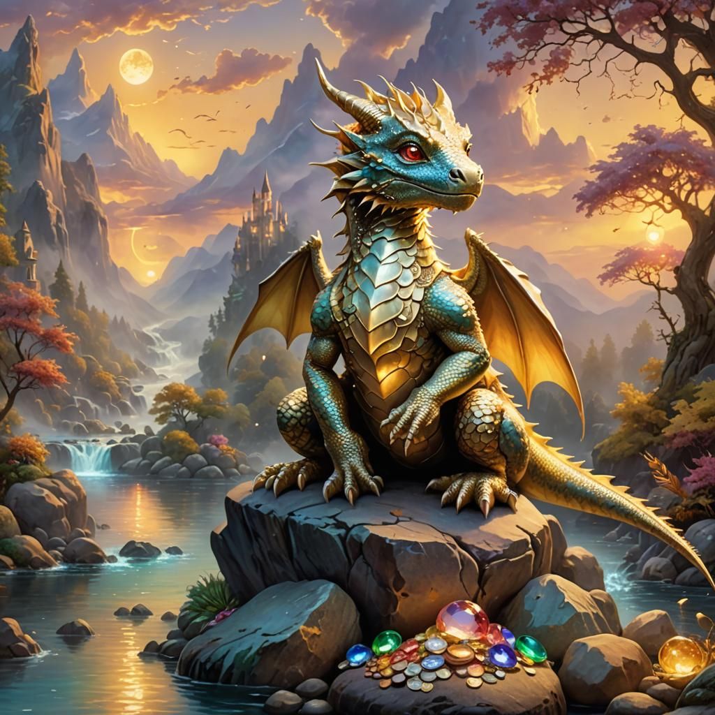 Golden Dragon with Gems in Ethereal Sunset