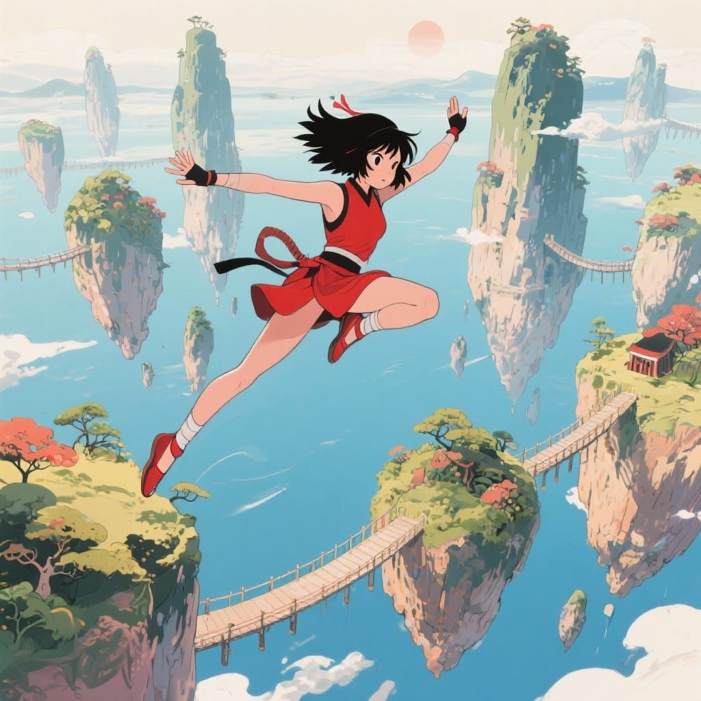 Playful Kunoichi Leaping Through Surreal Japanese Landscape
