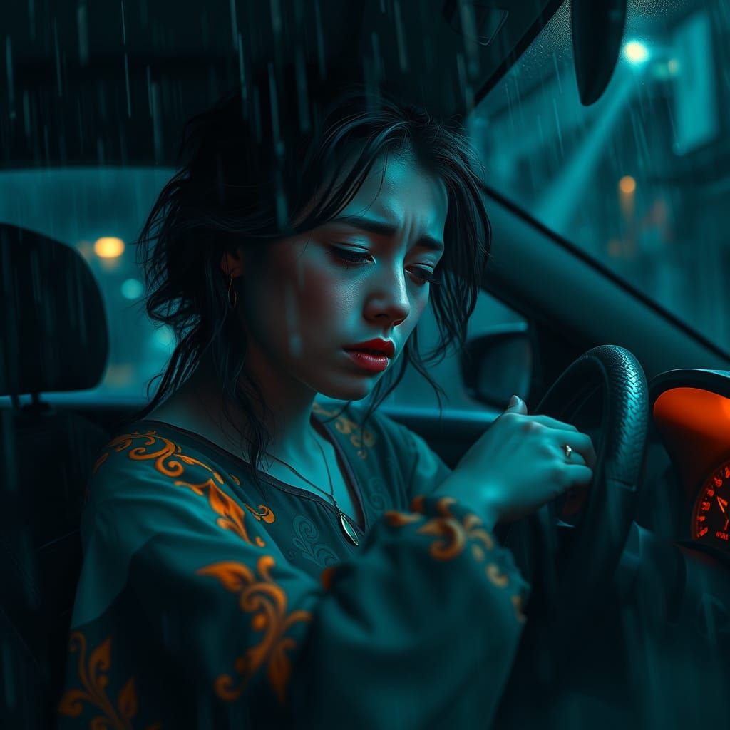 Melancholic Woman in Rainy Alleyway