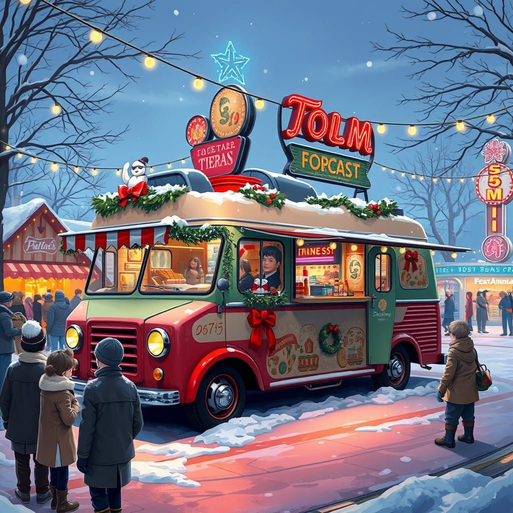 Vintage Holiday Food Truck in Snowy Fantasy Wonderland