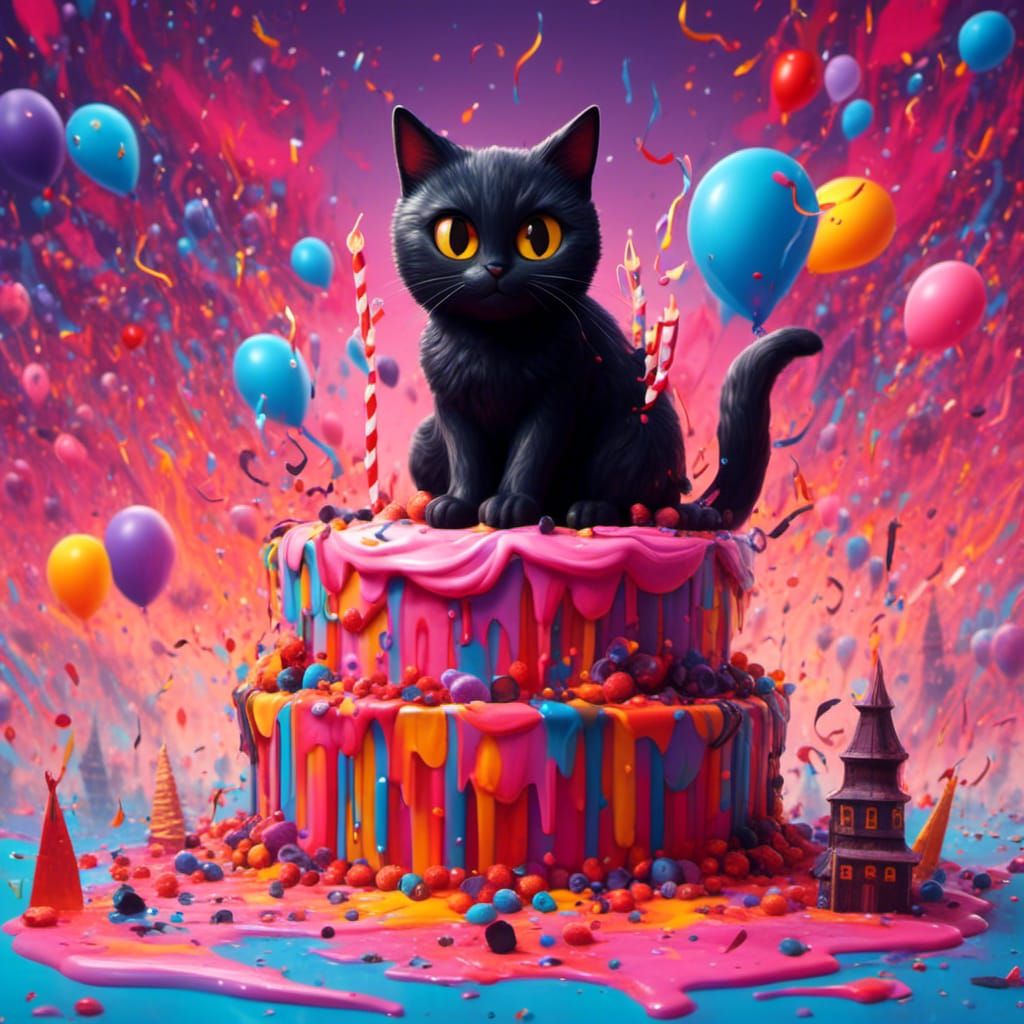 Black Cat Celebrates Birthday in Graffiti Art Style
