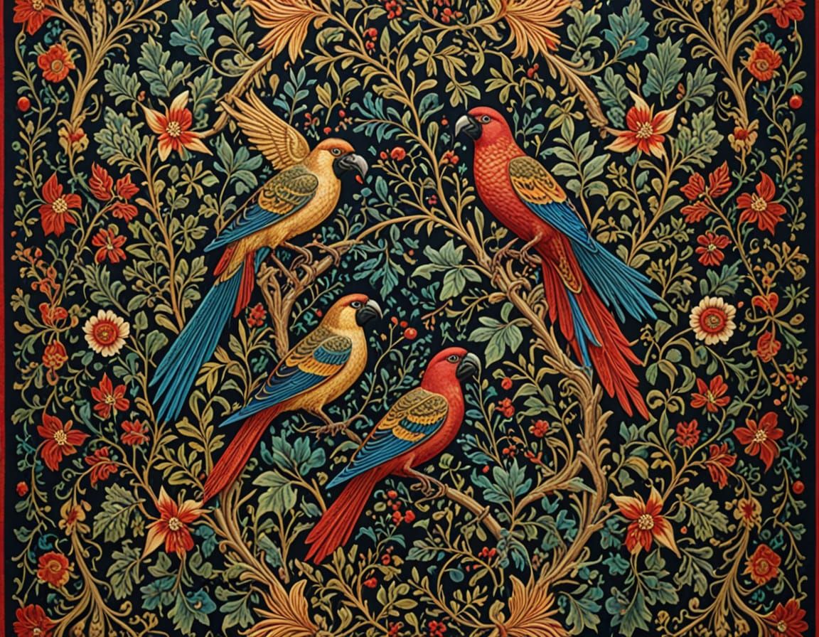 Medieval Tapestry of Exotic Birds in Forest