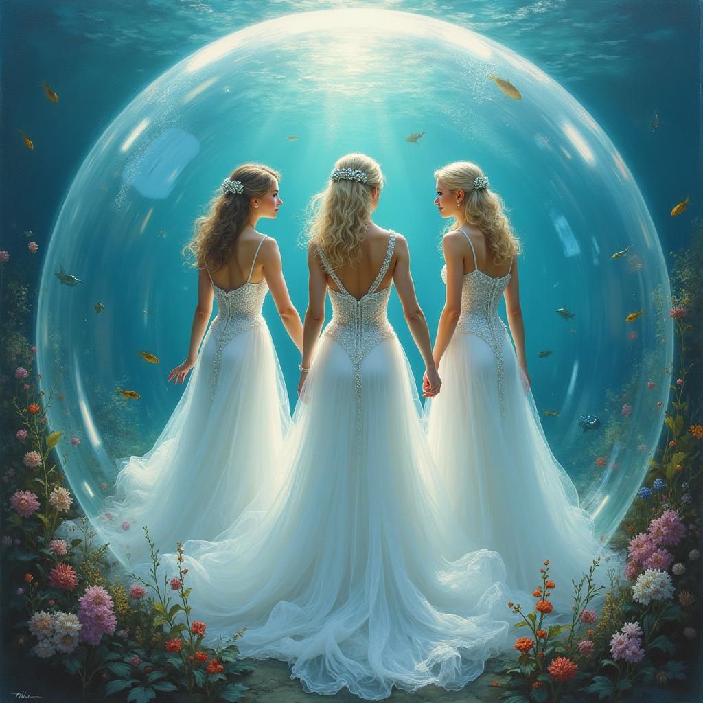 Ethereal Underwater Wedding Scene in Oil Painting Style