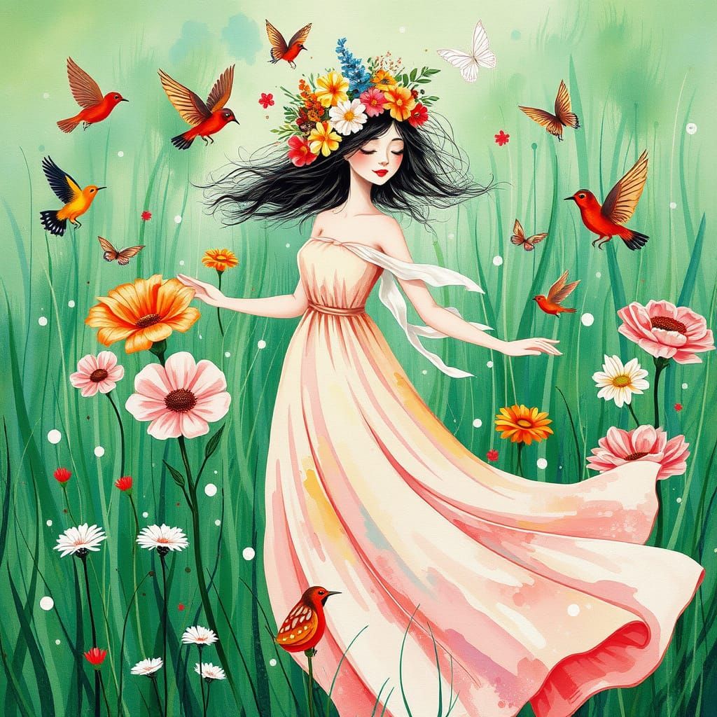 Dreamy Whimsical Scene with Blooming Flowers and Colorful Bi...