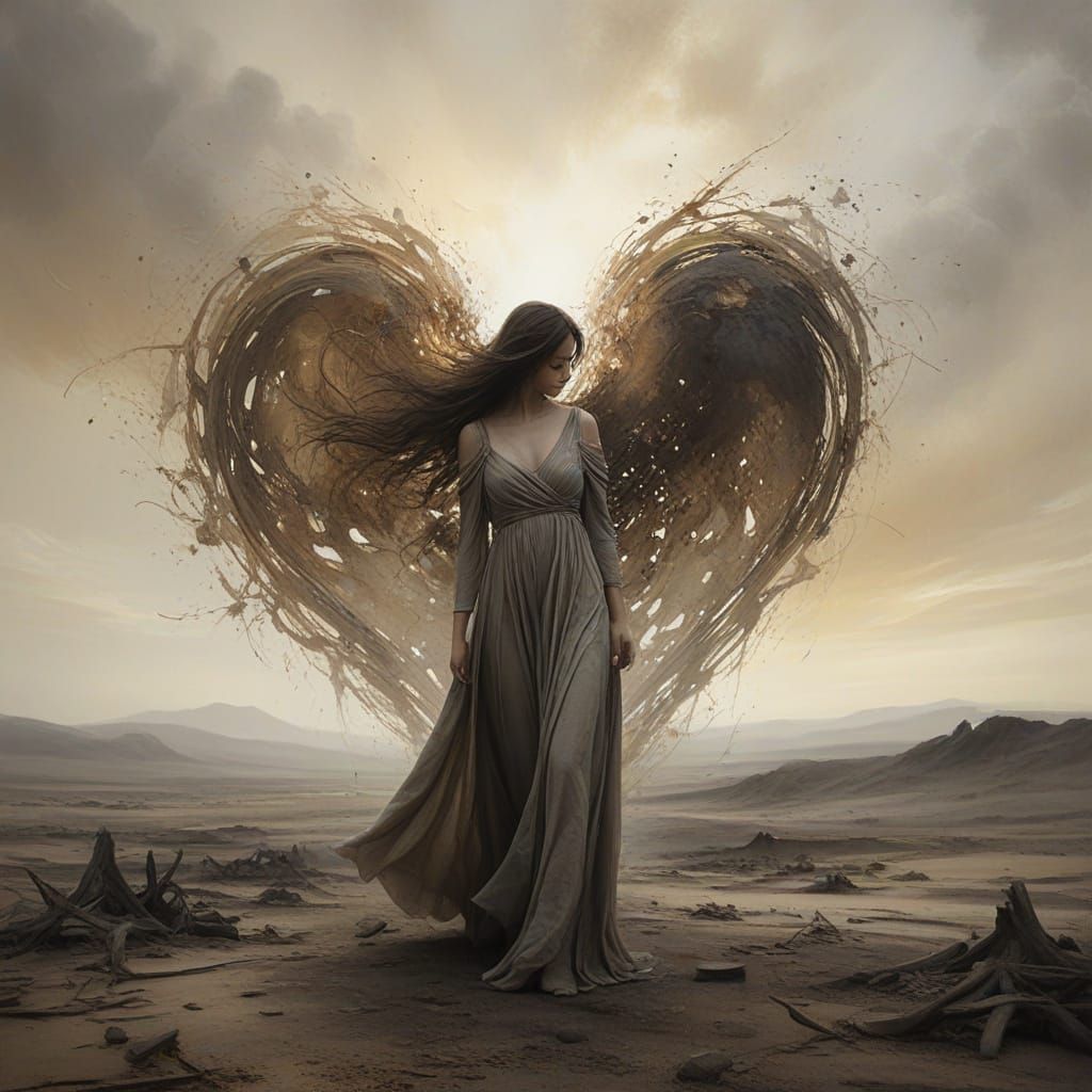 Surreal Heart of Ashes in Desolate Landscape