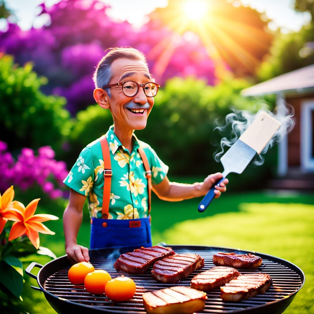 Cartoon Dad at Barbecue in Pixar Style