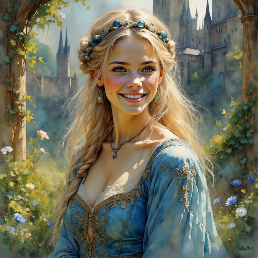 Medieval Princess in Lush Garden, Art Nouveau Style