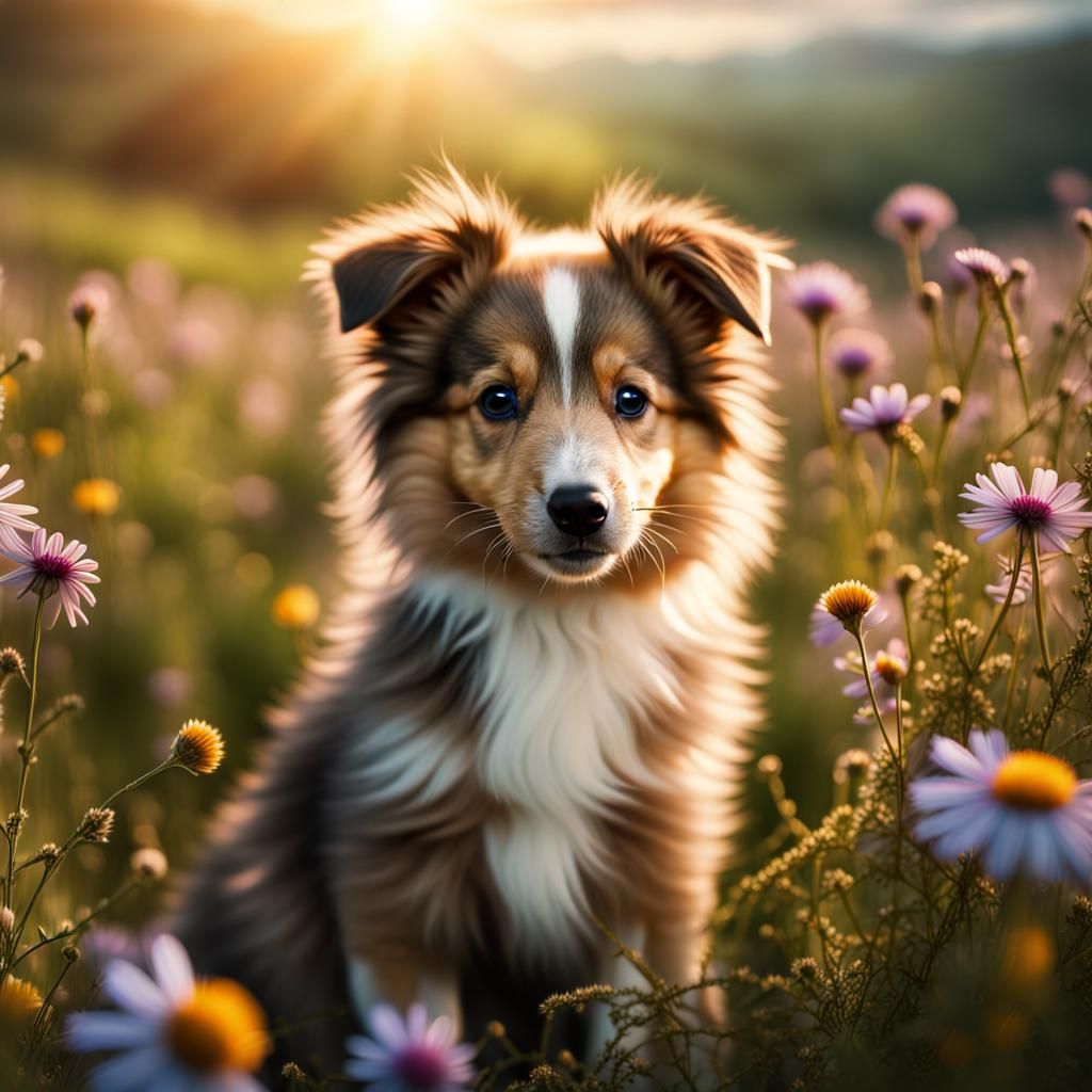 Shiny-Eyed Sheltie Puppy in Bioluminescent Meadow