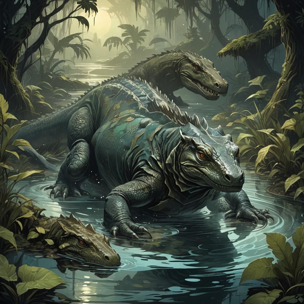 Komodo Dragon-Crocodile Hybrid Emerges, Dark Fantasy Art