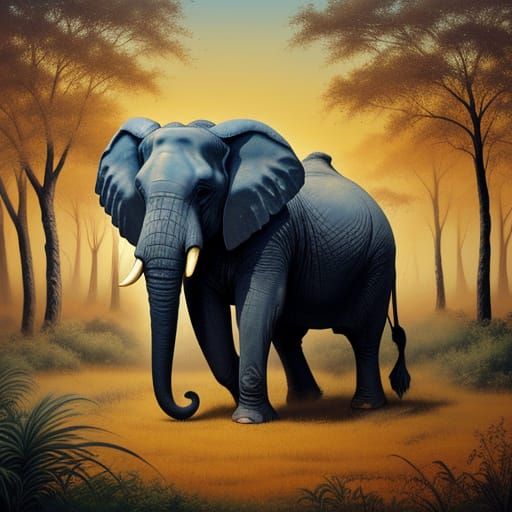 Ethereal Elephant Rampage in Vibrant Twilight Bushscape
