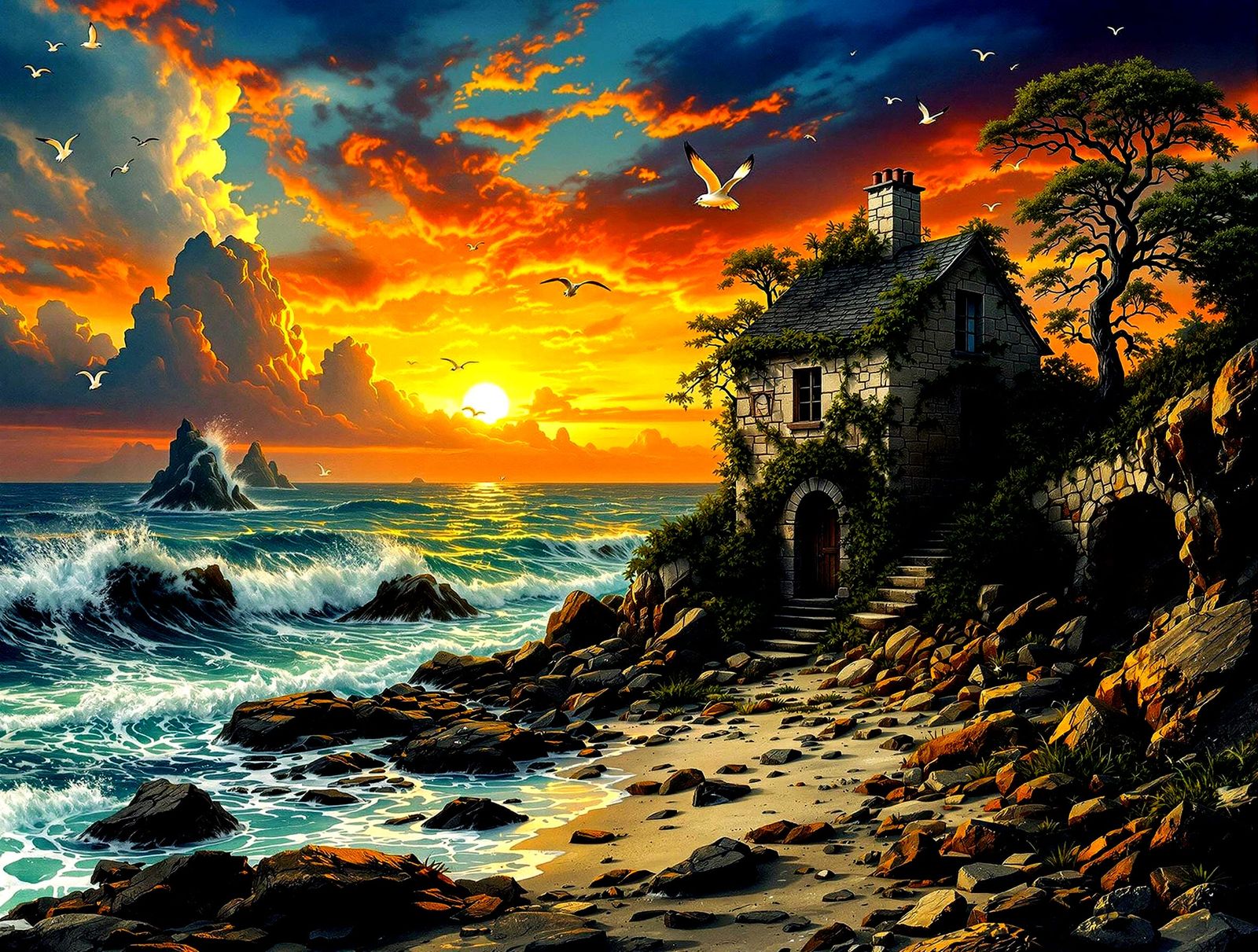 Surrealistic Sunset Ruins on Rocky Beach