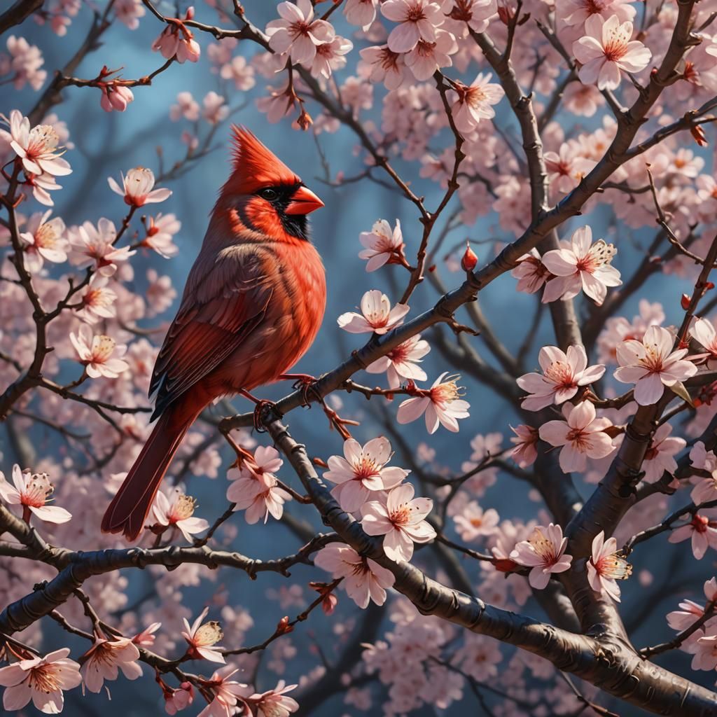 Cardinal in Cherry Blossoms: Fantasy Digital Art