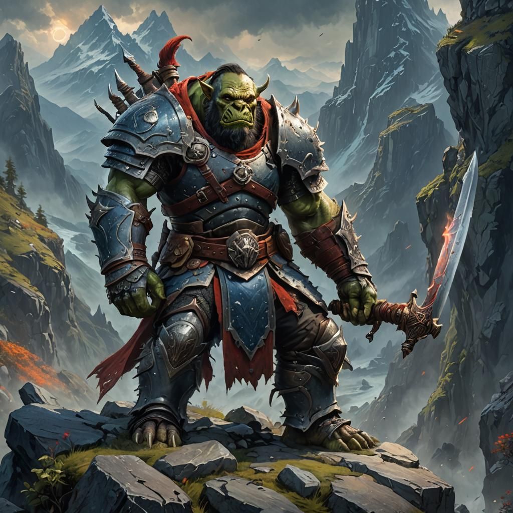 Orc Warrior on Mountain Cliff in Detailed Matte Painting