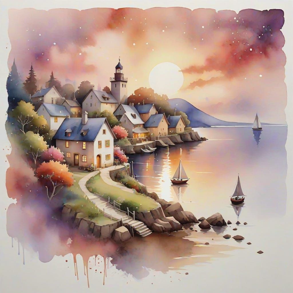 Dreamy Watercolor Harbor Village at Sunset