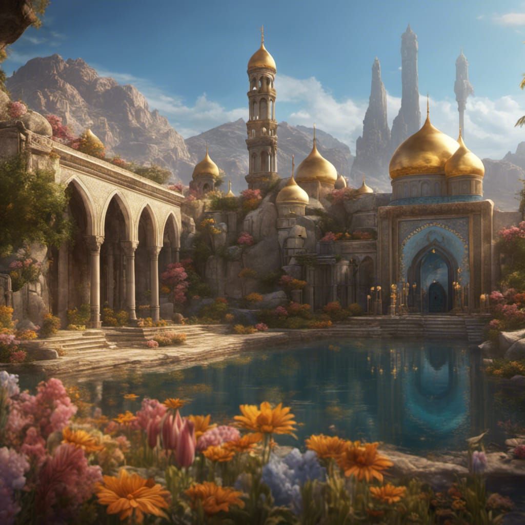 Arabian Town with Golden Domes and Blue Mosaics